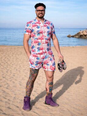 Pink Flamingo Tropical Print Button-Up Shirt Size L
